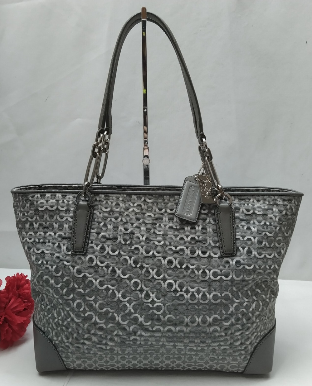 Coach Madison Gray Canvas Leather Trim Double Handles Zipper Closure Tote Bag
